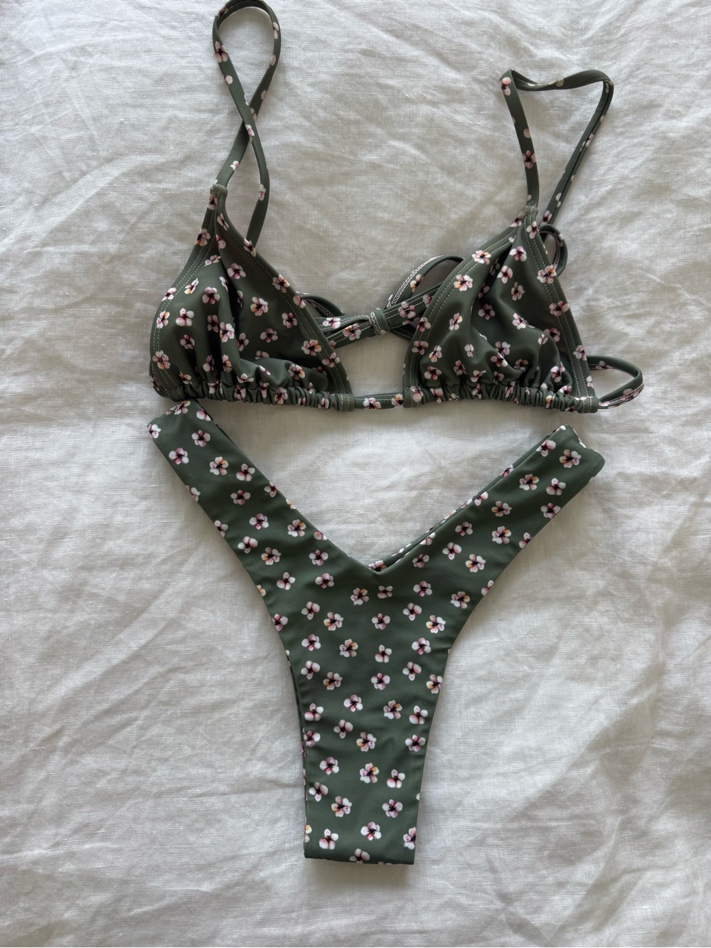 Kulani Kinis Olive Green Floral Triangle Bikini Set